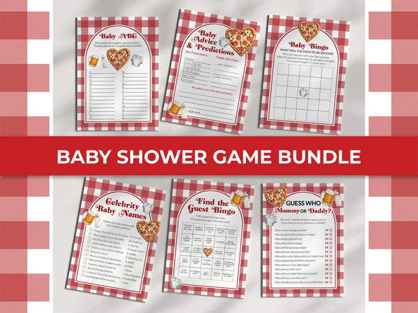 Pizza Brews and Diapers Too 12-Game Baby Shower Games Bundle, Pizza Beer Gingham - marryful.org
