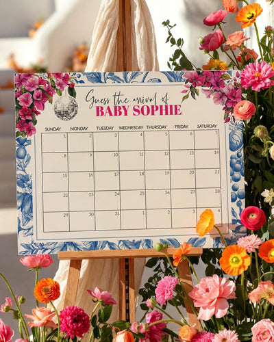 Greek Disco Guess Due Date Sign, Mediterranean Baby Shower Arrival Calendar Game 102MM-GUDD - marryful.org