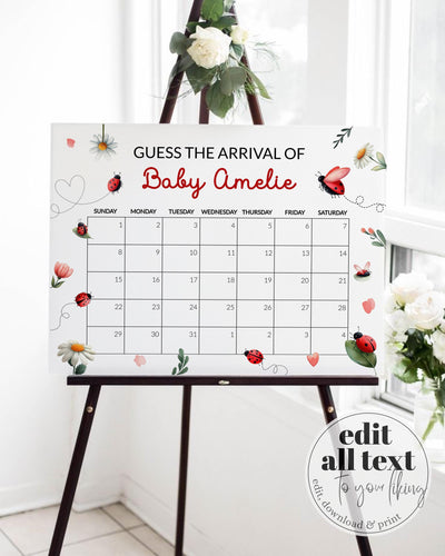 Ladybug Guess Due Date Sign, Baby Shower Arrival Calendar Game, Daisy Greenery - marryful.org
