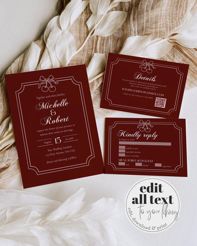 Burgundy Wedding Invitation Suite, Old Money Vintage Frame, Editable Invite Details RSVP - marryful.org