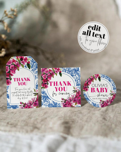 Greek Disco Favor Tags, Labels Stickers Cupcake Toppers, Blue Toile Bougainvillea 102MM-TLST - marryful.org