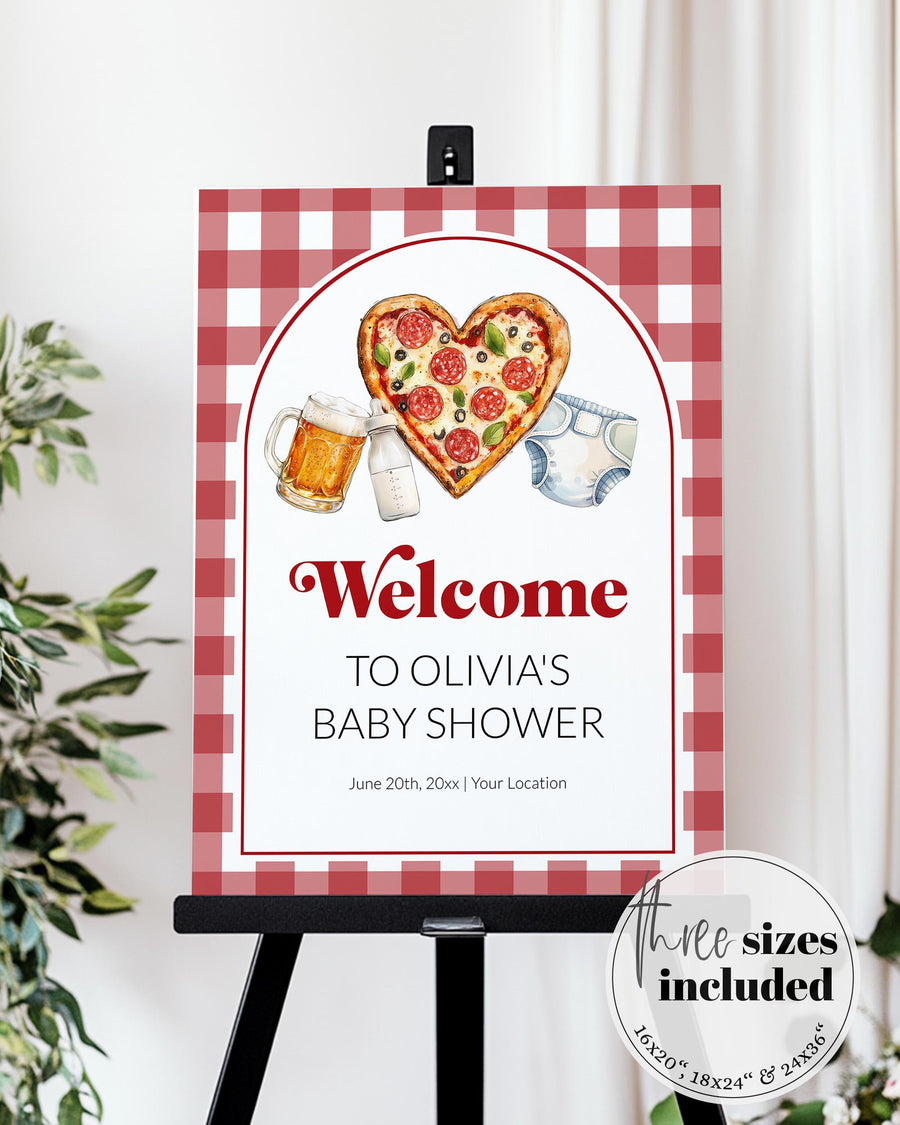 Pizza Beer Baby Shower Welcome Sign, Pizza Brews and Diapers Too, Red Gingham - marryful.org