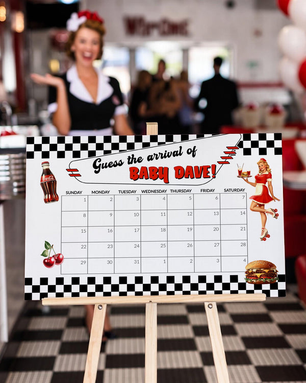Baby Due Date Calendar Game Template, Retro Diner Soda Pop Checkered Theme - marryful.org