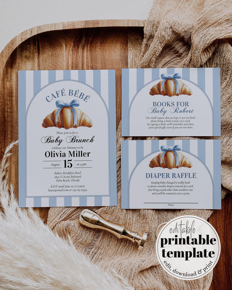 Blue Croissant Baby Shower Invitation, Café Bébé French Bakery Brunch Template 059CR-BSINV-BL - marryful.org