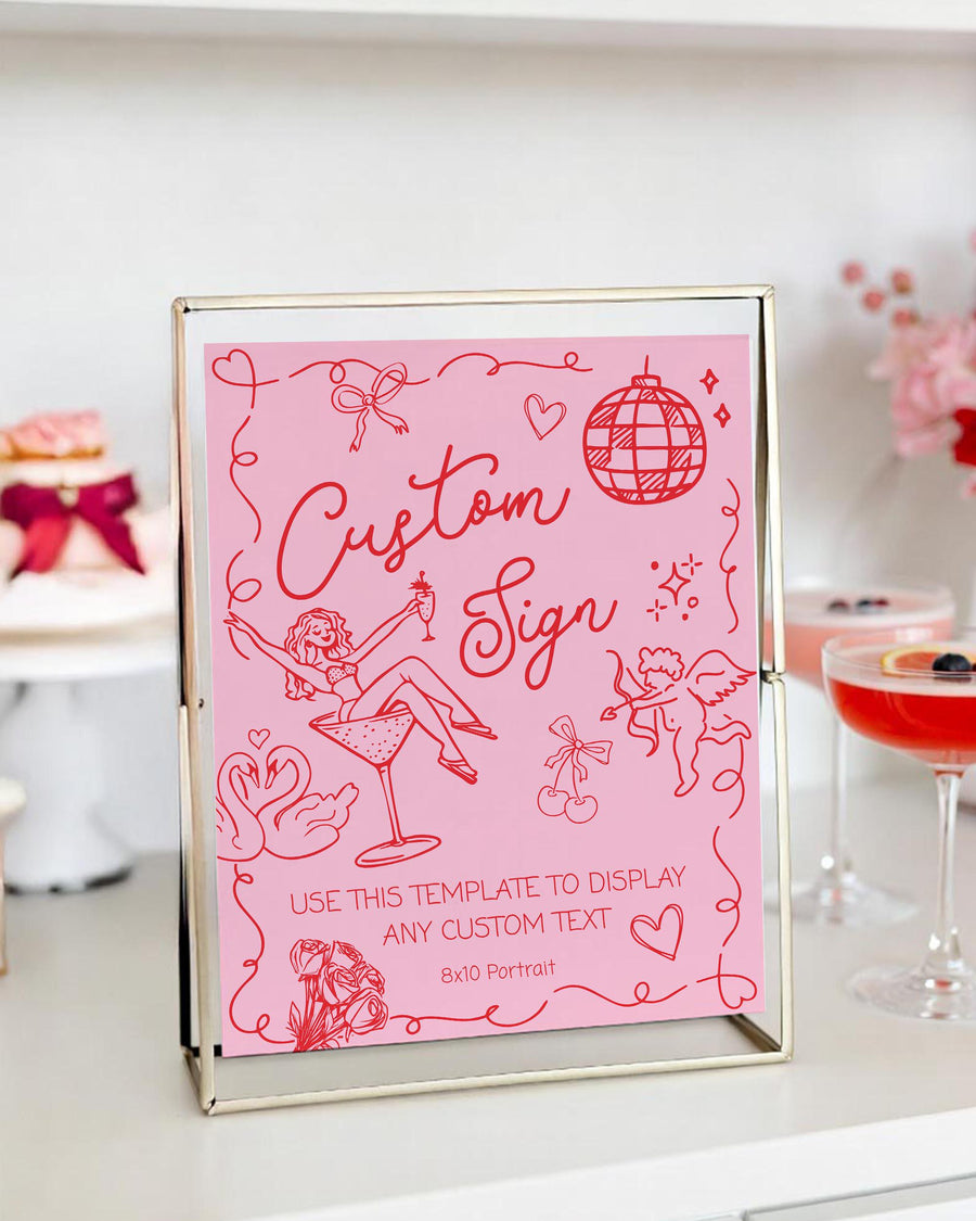 Galentine’s Day Custom Sign Template, Pink Red Funky Wavy Handwritten Party Decor - marryful.org