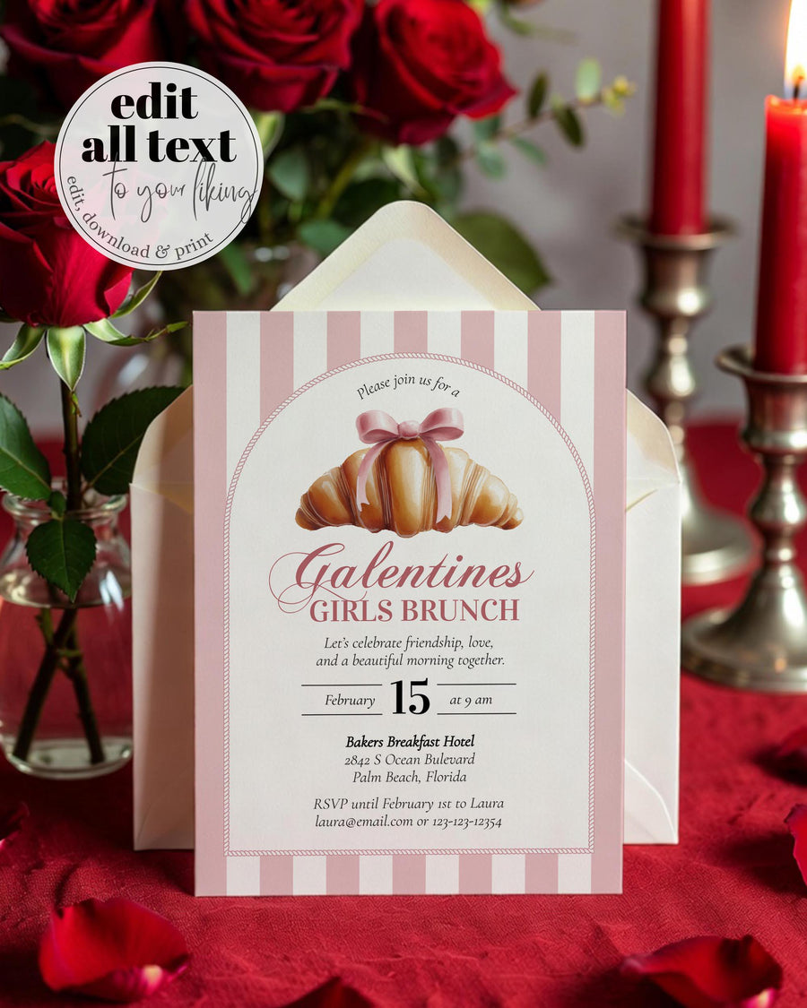 Croissant Galentine’s Day Brunch Invitation, Pink Striped Cafe Template 059CR-GALINV - marryful.org