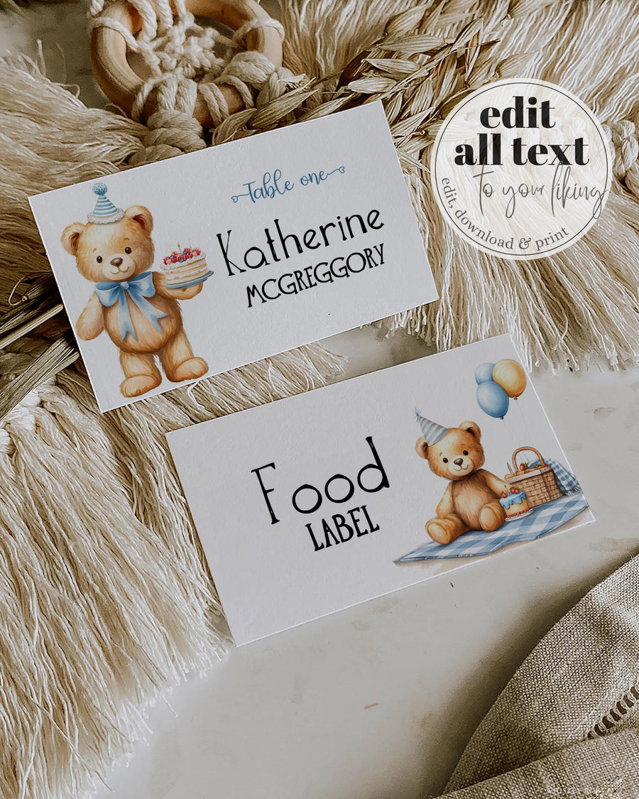 Blue Bear Place Cards Template, Teddy Bear Picnic Food Labels Printable 098BL-PLCA - marryful.org