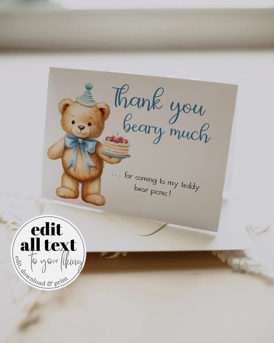 Blue Teddy Bear Thank You Card Template, Beary First Birthday Boy Picnic Party 098BL-THCA - marryful.org