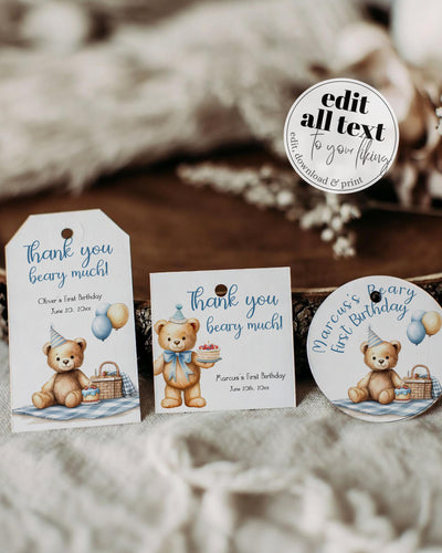 Blue Bear Favor Tags Template, Teddy Bear Picnic Labels Stickers Cupcake Toppers 098BL-TLST - marryful.org