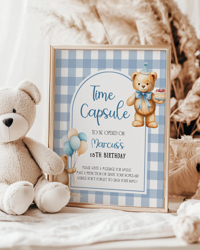 First Birthday Time Capsule Set Template, Teddy Bear Picnic Blue Gingham 098BL-TICA - marryful.org