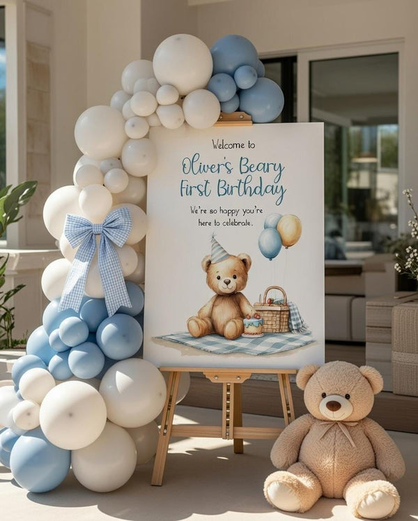 Teddy Bear Picnic Welcome Sign Template, Blue Gingham First Birthday 098BL-WLCM - marryful.org