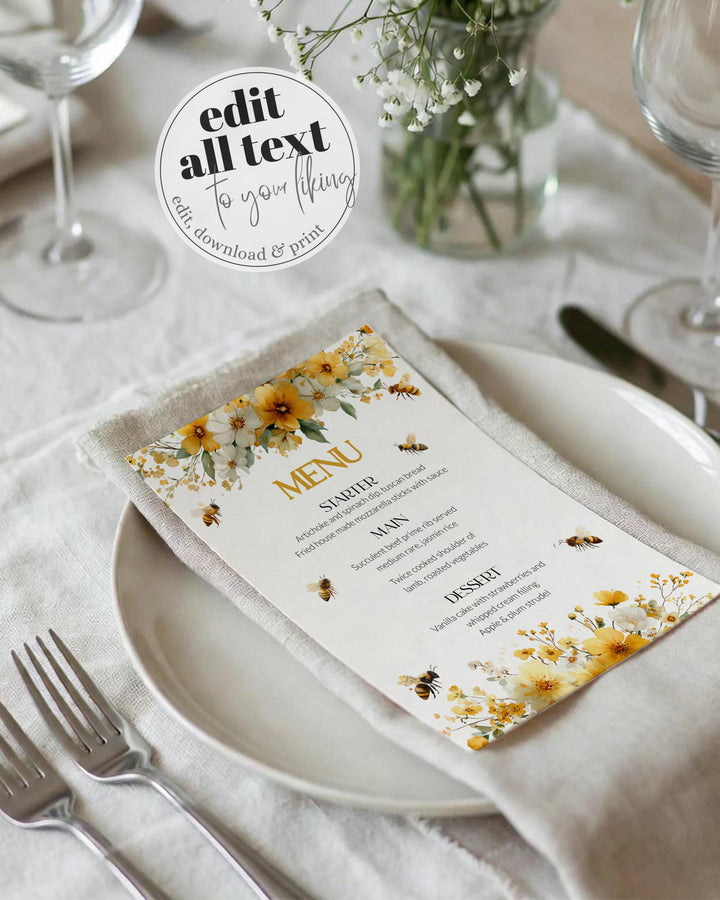 Honey Bee Menu Card Template, Bumblebee Bridal Shower Menu Printable 0 ...