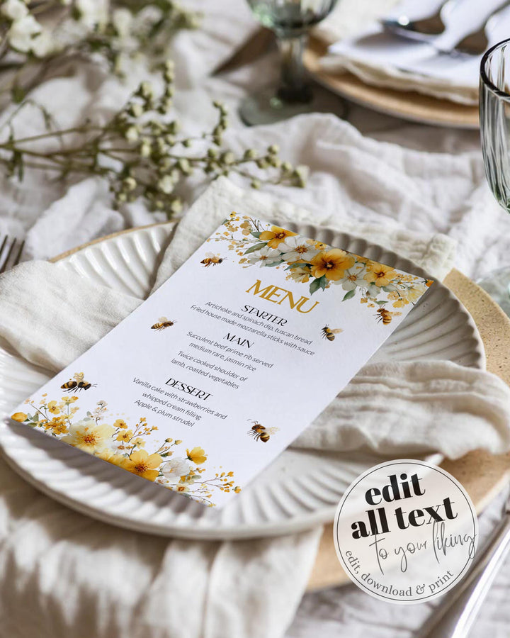 Honey Bee Menu Card Template, Bumblebee Bridal Shower Menu Printable 0 ...