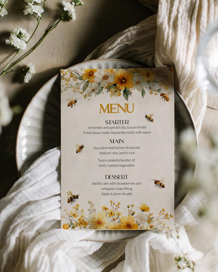 Honey Bee Menu Card Template, Bumblebee Bridal Shower Menu Printable 0 ...