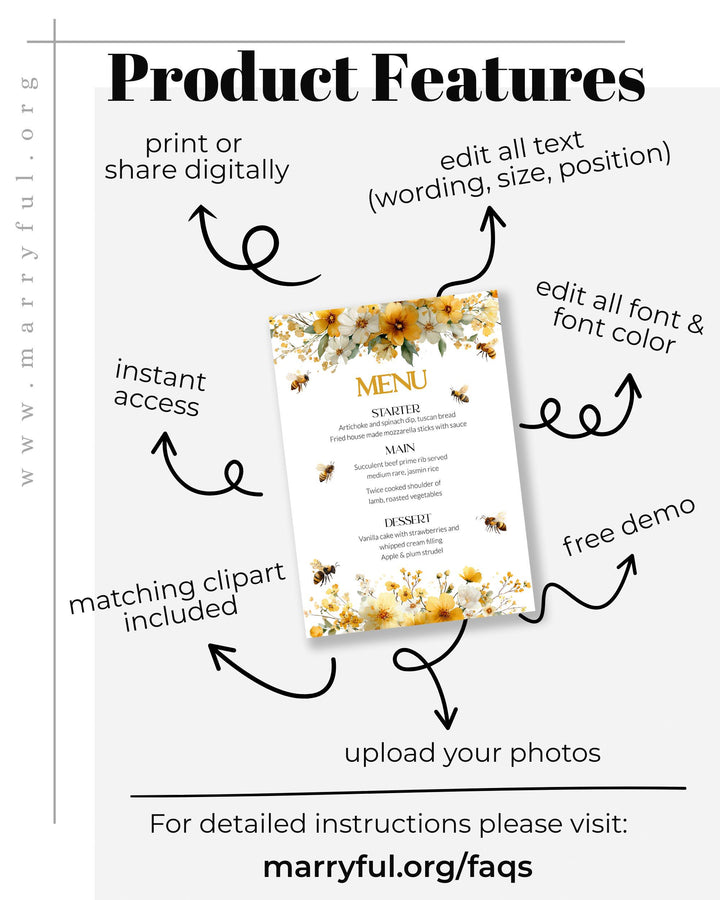 Honey Bee Menu Card Template, Bumblebee Bridal Shower Menu Printable 0 ...