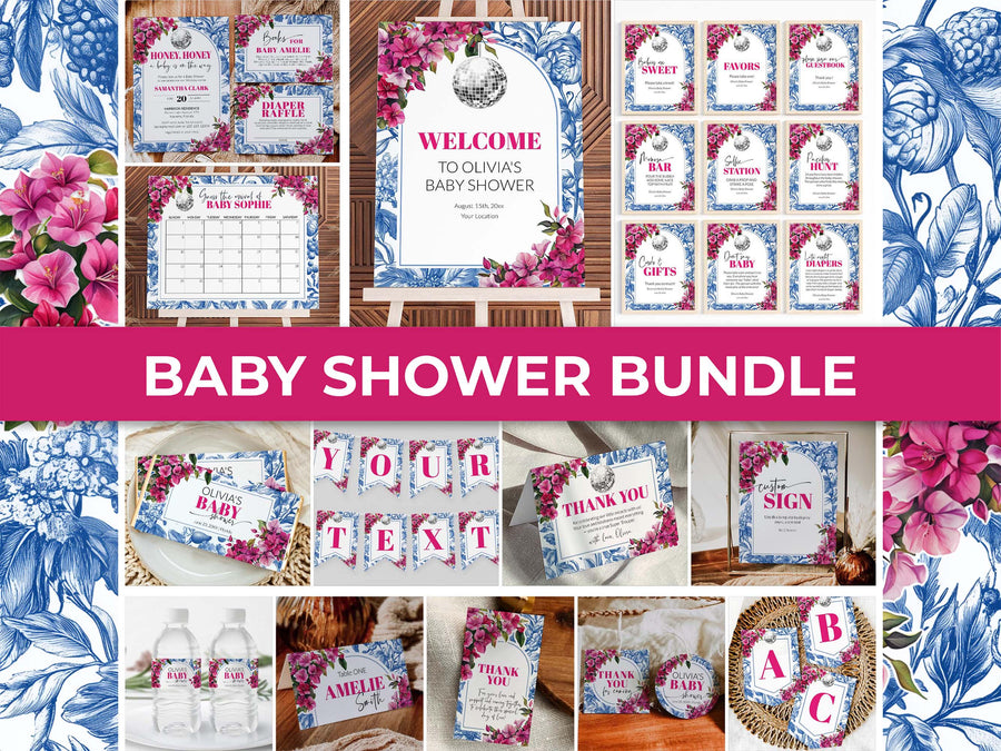 Greek Disco Baby Shower Bundle, Blue Toile Bougainvillea, Mediterranean Invite Decor Templates 102MM-BSBUNDLE - marryful.org