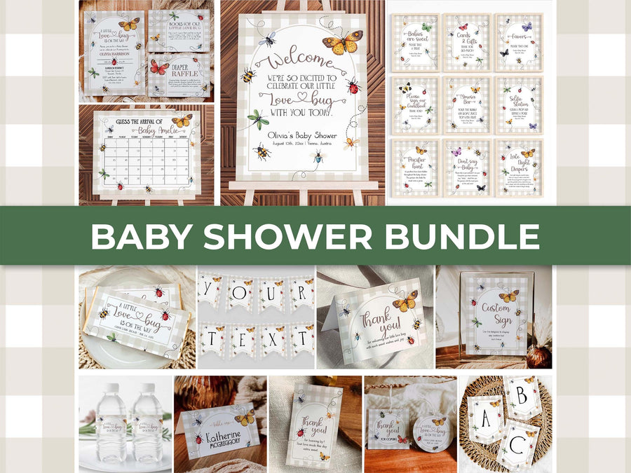Love Bug Baby Shower Bundle Template, Invitation and Decor Set Beige Gingham Bugs 101LB-BSBUNDLE - marryful.org
