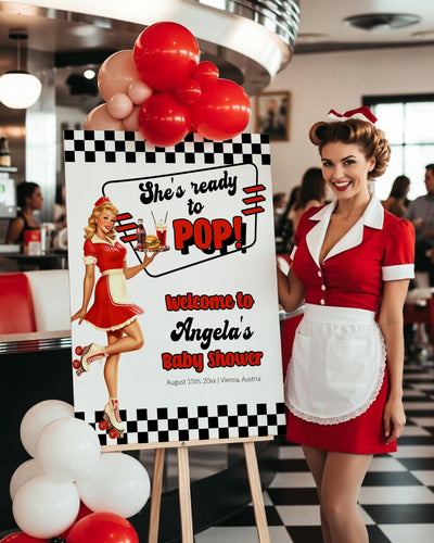 Soda Shop Baby Shower Welcome Sign, She’s Ready to Pop Retro Party Template - marryful.org