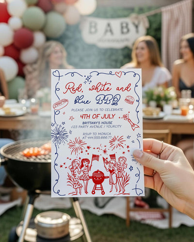 4th of July Adult Birthday Invitation Patriotic Red White Blue Wavy Frame Editable 070IND-INV - marryful.org