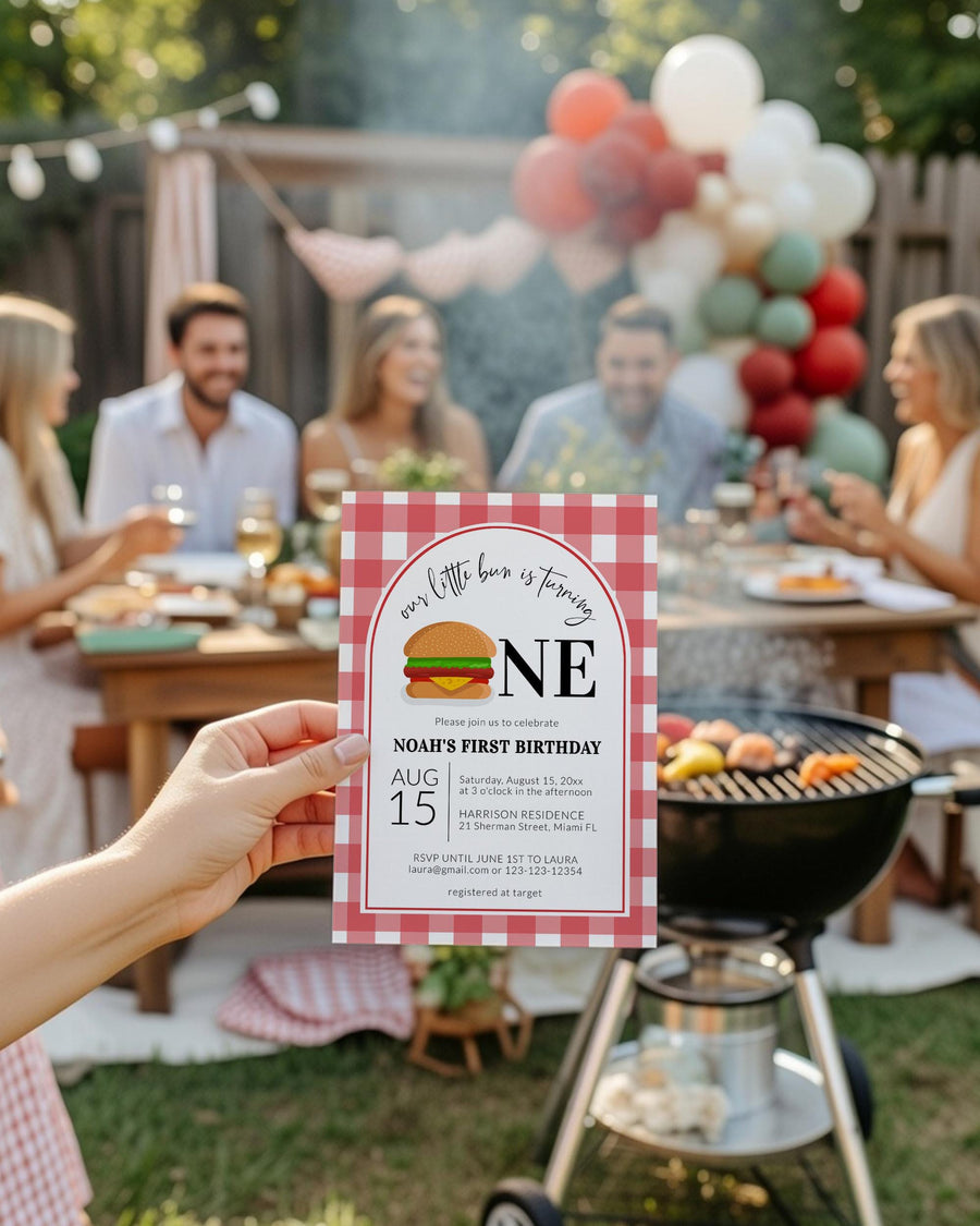 BBQ First Birthday Invitation, Bun Is Turning One Summer Grillout Gingham Party Template 020IND-BINV - marryful.org