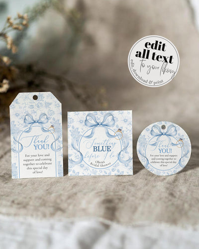 Something Blue Favor Tags, Ribbon Bow Bridal Shower Labels, Toile Chinoiserie Sticker Template 079SB-TLST - marryful.org