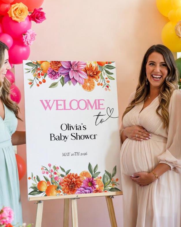 Bright Floral Pink Orange Welcome Sign Baby In Bloom Summer Garden Party Template 011PO2-WLCM - marryful.org