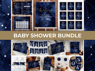 Celestial Baby Shower Template Bundle, Navy Blue Gold Constellation Theme Printable 066CE-BSBUNDLE - marryful.org
