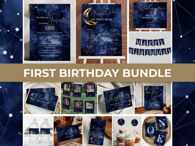 Celestial First Birthday Template Bundle Navy Blue Gold Constellation Theme Printable 066CE-BBUNDLE - marryful.org