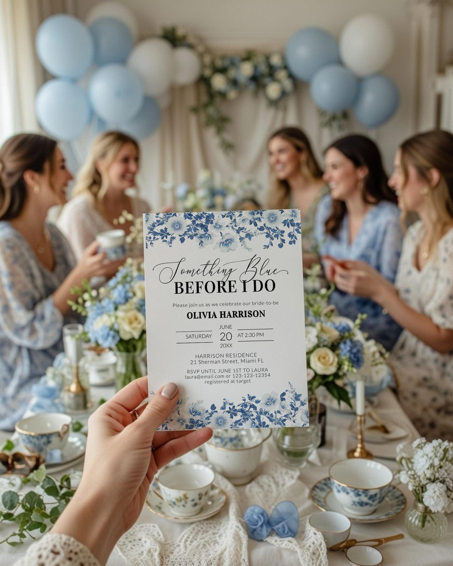 Something Blue Bridal Shower Invitation Template, Toile de Jouy Floral Wedding Shower 033SB-BRSINV - marryful.org