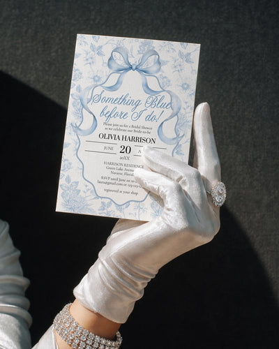 Something Blue Bridal Shower Invitation Template, Blue Toile Bow Wavy Frame Tea Party 079SB-BRINV - marryful.org