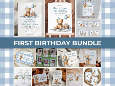 Teddy Bear Picnic First Birthday Bundle, Blue Gingham Party Templates 098BL-BBUNDLE - marryful.org