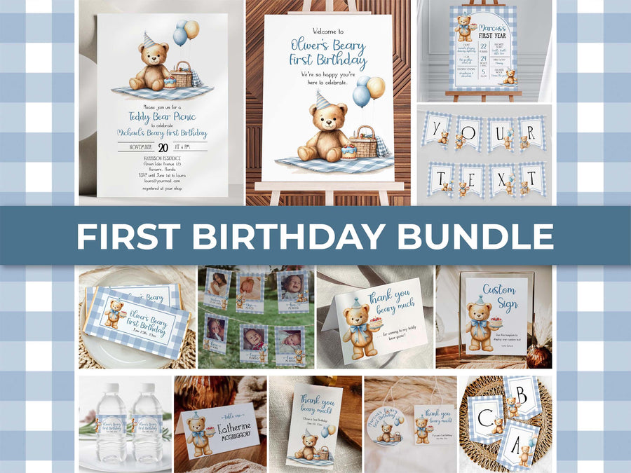 Teddy Bear Picnic First Birthday Bundle, Blue Gingham Party Templates 098BL-BBUNDLE - marryful.org