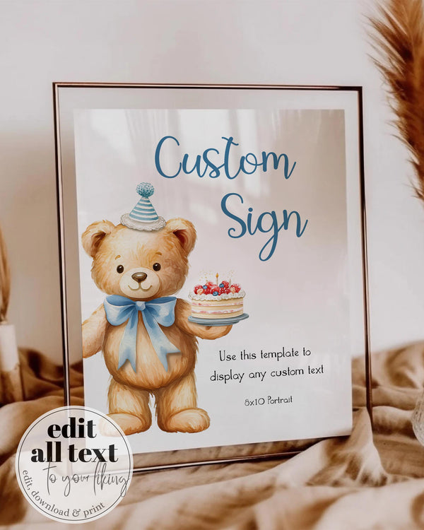 Custom 8x10 Birthday Sign Template, Teddy Bear Picnic Blue Gingham 098BL-CUSI - marryful.org