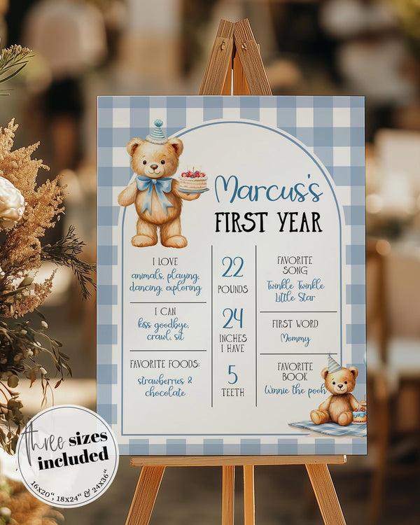 Teddy Bear Milestone Banner Template, Blue Gingham First Birthday Decor 098BL-MISI - marryful.org