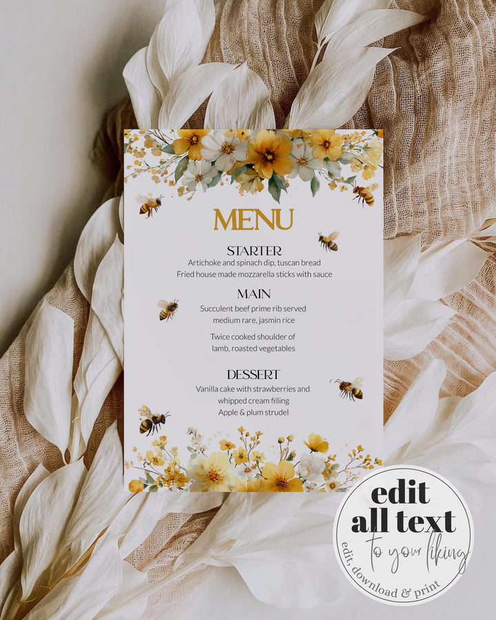 Honey Bee Menu Card Template, Bumblebee Bridal Shower Menu Printable 0 ...