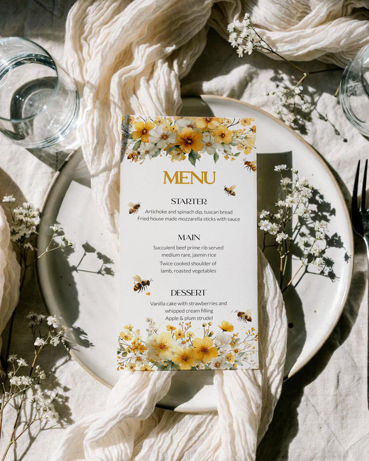Honey Bee Menu Card Template, Bumblebee Bridal Shower Menu Printable 0 ...