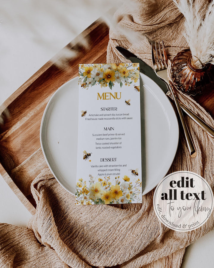 Honey Bee Menu Card Template, Bumblebee Bridal Shower Menu Printable 0 ...