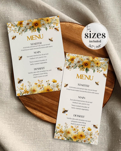 Honey Bee Menu Card Template, Bumblebee Bridal Shower Menu Printable 079HB-MENU - marryful.org