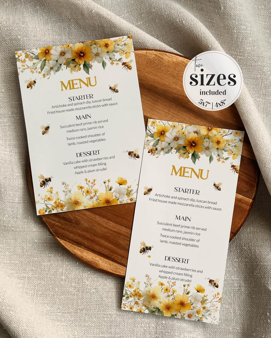 Honey Bee Menu Card Template, Bumblebee Bridal Shower Menu Printable 079HB-MENU - marryful.org