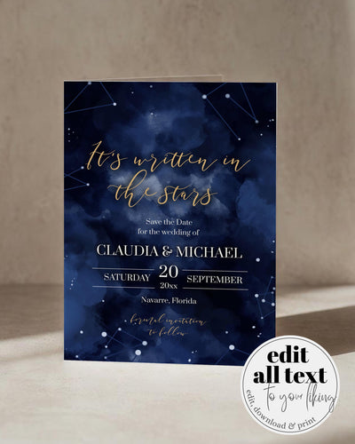 Celestial Save the Date Template, Written in the Stars Moon Wedding Invitation 066CE-STD - marryful.org