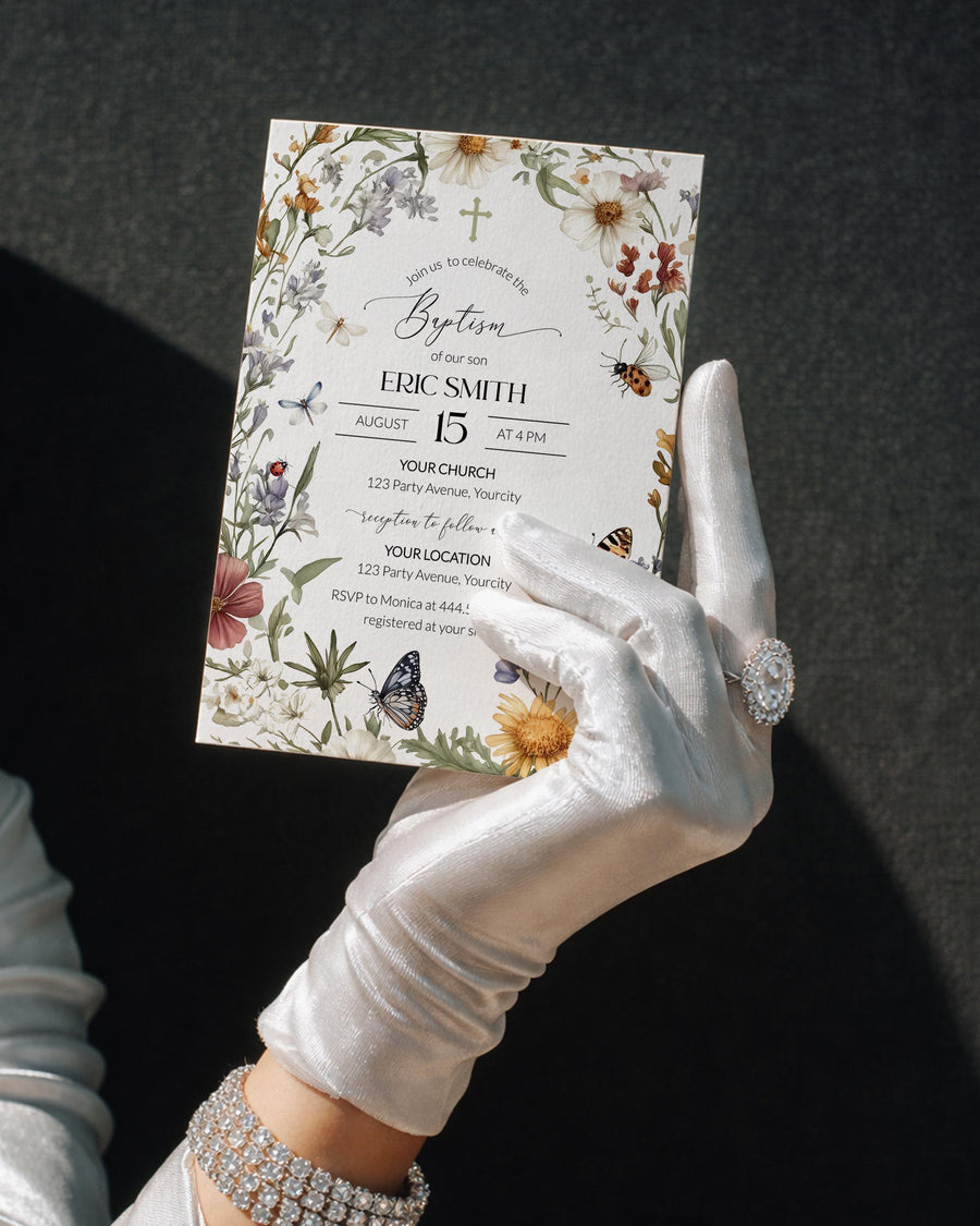 Wildflower Baptism Invitation Template, Butterfly Floral Christening Invite for Girls 100LB-BAPINV - marryful.org