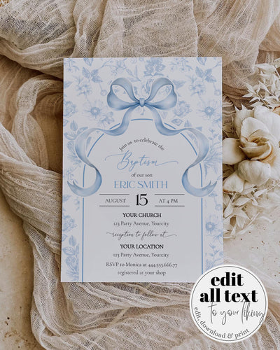 Boy Baptism Invitation Template, Blue Floral Toile Bow Christening Invite 079SB-BAPINV - marryful.org