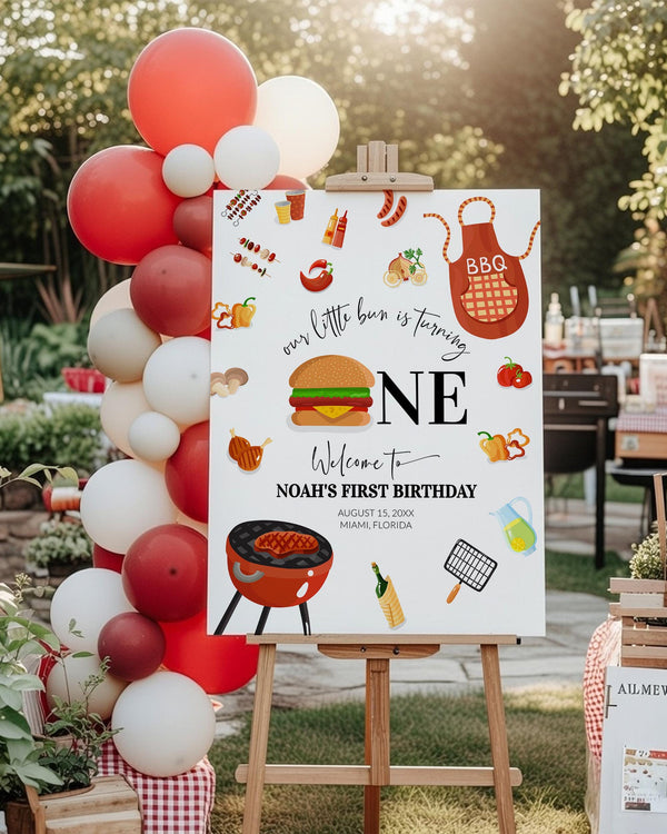 BBQ Burger 1st Birthday Welcome Sign Template Bun ist turning ONE BBQ Summer Boy Decorations Sign for a Backyard Burger Grill Barbecue #072a - marryful.org