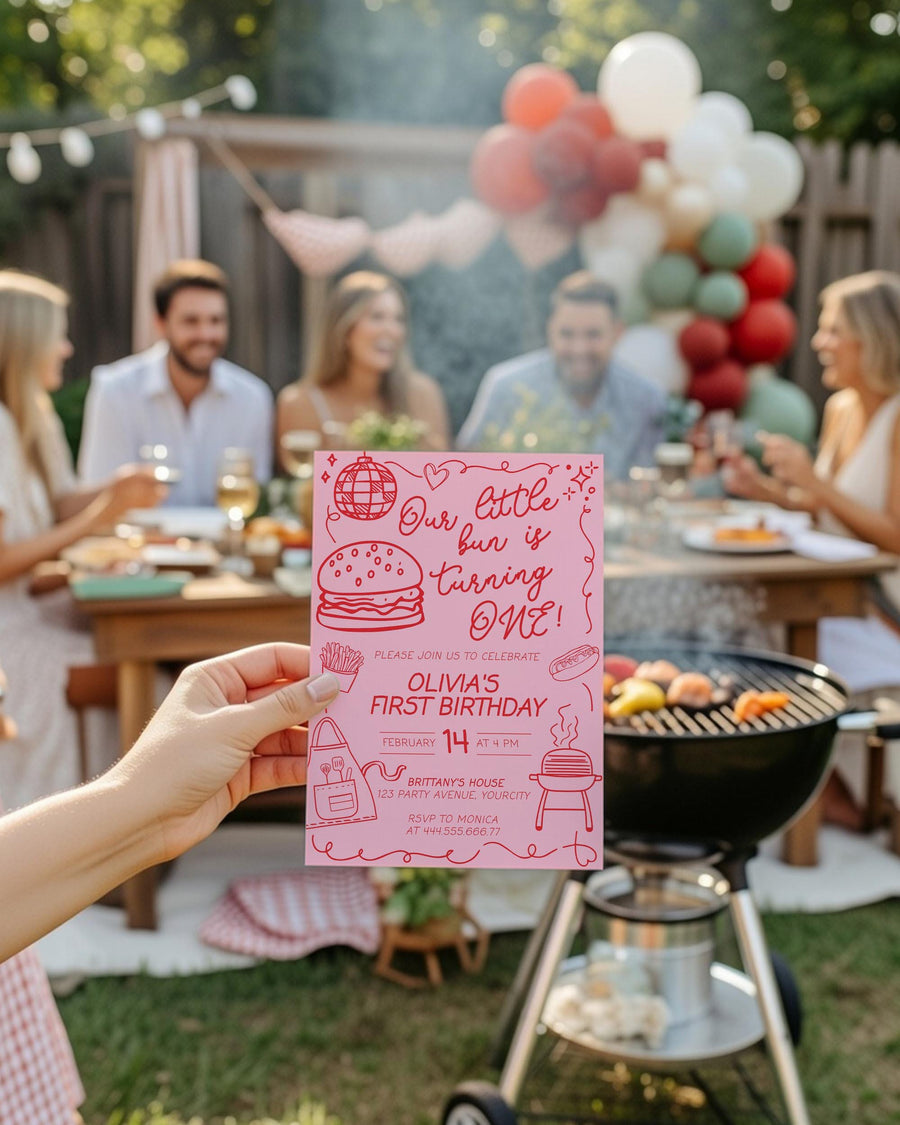 Handwritten BBQ Burger First Birthday Invitation Funky Doodle Pink Backyard Barbecue Template 070BBQ-BINV - marryful.org