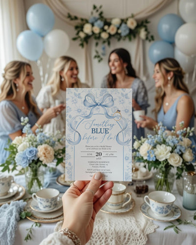 Something Blue Before I Do Bridal Shower Invitation, Dusty Floral Bow Template 079SB-BRINV - marryful.org