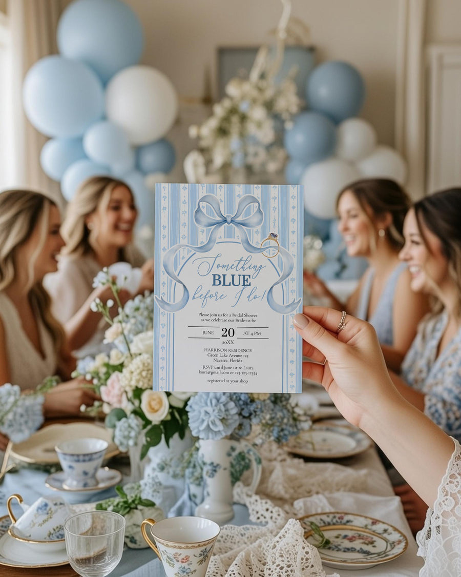 Something Blue Bridal Shower Invitation, Ribbon Bow, Vintage Stripes Template 079SB-BRINV - marryful.org