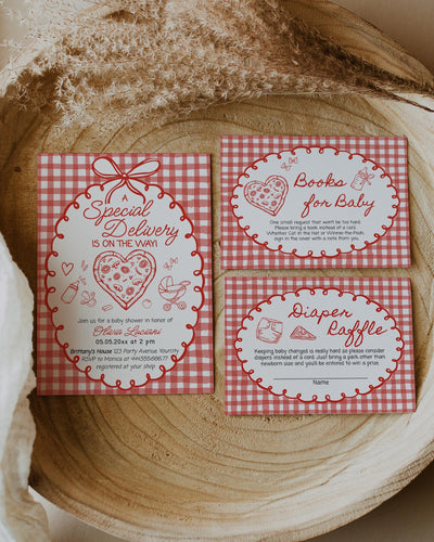 Special Delivery Baby Shower Invitation Set Template, Pizza Theme Red Gingham Doodle Invite 034SD-BRINV - marryful.org