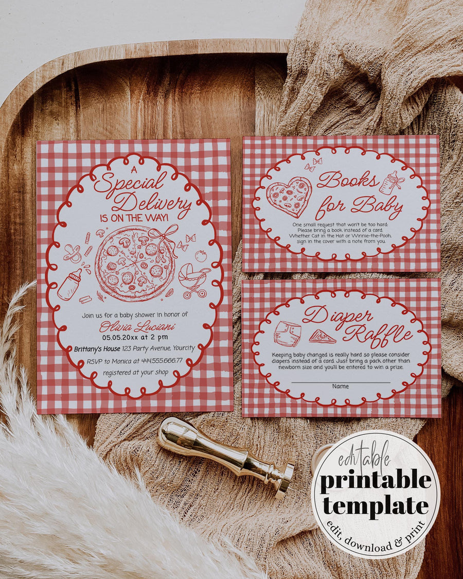 Pizza Baby Shower Invitation Template Set, Red Gingham, Digital Download 034SD-BRINV - marryful.org