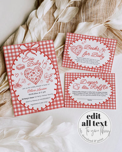 Ciao Baby Shower Invitations Template Set, Italian Pizza Doodle Red Gingham Bow Invite 034SD-BRINV - marryful.org
