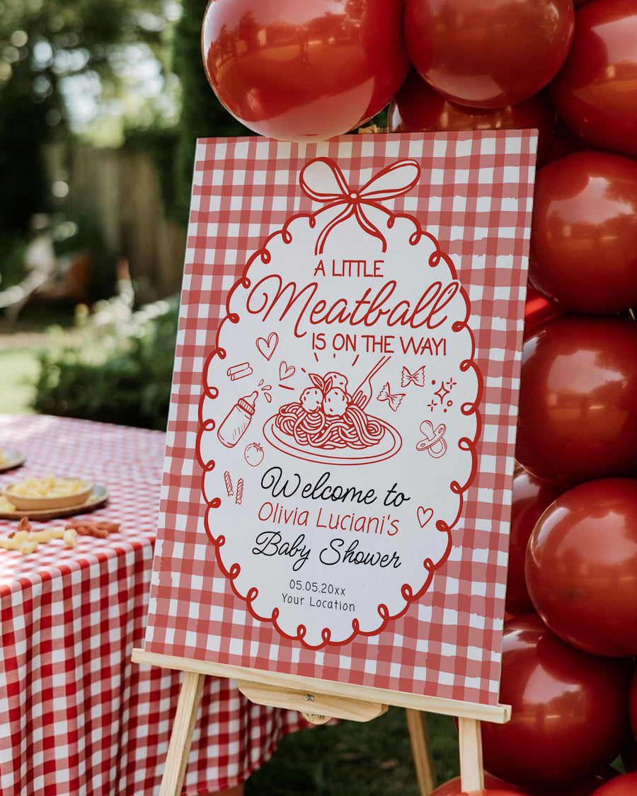 Italian Baby Shower Welcome Sign Template, Mommy’s Little Meatball Spaghetti Theme Printable 034MB-WLCM - marryful.org